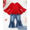 imageKucnuzki Toddler Baby Girls Clothes Long Sleeve Shirt Top Flare Denim Jeans Cute Outfit Baby Girl Fall Winter ClothesMaroon Jeans