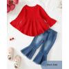 imageKucnuzki Toddler Baby Girls Clothes Long Sleeve Shirt Top Flare Denim Jeans Cute Outfit Baby Girl Fall Winter ClothesMaroon Jeans