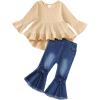 imageKucnuzki Toddler Baby Girls Clothes Long Sleeve Shirt Top Flare Denim Jeans Cute Outfit Baby Girl Fall Winter ClothesApricot Jeans