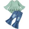 imageKucnuzki Toddler Baby Girls Clothes Long Sleeve Shirt Top Flare Denim Jeans Cute Outfit Baby Girl Fall Winter ClothesGreen Jeans