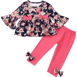 imageBaby Girl Clothes Toddler Girl Fall Outfits Ruffle Long Sleeve Floral Shirt Tops Winter Leggings Pants Clothing SetBlue Flower
