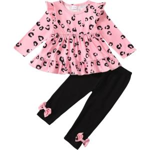 imageBaby Girl Clothes Toddler Girl Fall Outfits Ruffle Long Sleeve Floral Shirt Tops Winter Leggings Pants Clothing SetPink Black