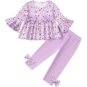 imageBaby Girl Clothes Toddler Girl Fall Outfits Ruffle Long Sleeve Floral Shirt Tops Winter Leggings Pants Clothing SetPurple