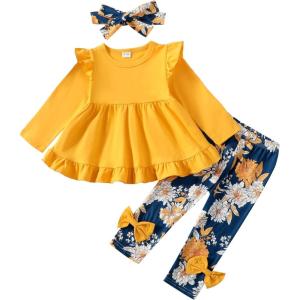 imageBaby Girl Clothes Toddler Girl Fall Outfits Ruffle Long Sleeve Floral Shirt Tops Winter Leggings Pants Clothing SetYellow