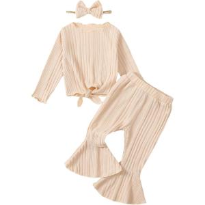 imageKucnuzki Baby Girl Clothes Toddler Clothes Long Sleeve Plain Shirts Top Bell Bottoms Flare Pants Infant Girl Fall OutfitApricot