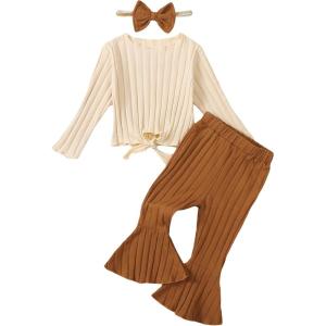 imageKucnuzki Baby Girl Clothes Toddler Clothes Long Sleeve Plain Shirts Top Bell Bottoms Flare Pants Infant Girl Fall OutfitBrown