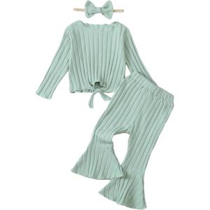 imageKucnuzki Baby Girl Clothes Toddler Clothes Long Sleeve Plain Shirts Top Bell Bottoms Flare Pants Infant Girl Fall OutfitGreen