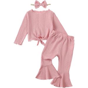 imageKucnuzki Baby Girl Clothes Toddler Clothes Long Sleeve Plain Shirts Top Bell Bottoms Flare Pants Infant Girl Fall OutfitPink