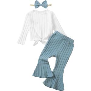 imageKucnuzki Baby Girl Clothes Toddler Clothes Long Sleeve Plain Shirts Top Bell Bottoms Flare Pants Infant Girl Fall OutfitWhite