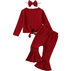 imageKucnuzki Baby Girl Clothes Toddler Clothes Long Sleeve Plain Shirts Top Bell Bottoms Flare Pants Infant Girl Fall OutfitWine Red