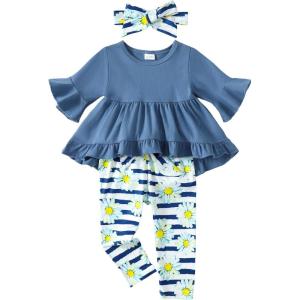 imageKucnuzki Baby Girl Clothes Toddler Girl Outfit Cute Shirt Ruffle Top Pant Set Fall Winter Clothing For GirlBlue