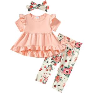 imageKucnuzki Baby Girl Clothes Toddler Girl Outfit Cute Shirt Ruffle Top Pant Set Fall Winter Clothing For GirlFloral Pink
