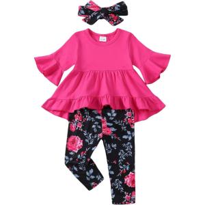 imageKucnuzki Baby Girl Clothes Toddler Girl Outfit Cute Shirt Ruffle Top Pant Set Fall Winter Clothing For GirlHotpink