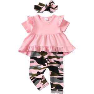 imageKucnuzki Baby Girl Clothes Toddler Girl Outfit Cute Shirt Ruffle Top Pant Set Fall Winter Clothing For GirlPink Camo