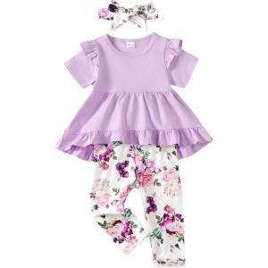 imageKucnuzki Baby Girl Clothes Toddler Girl Outfit Cute Shirt Ruffle Top Pant Set Fall Winter Clothing For GirlPurple Flower