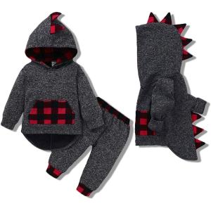 imageKucnuzki Baby Toddler Boy Clothes Fall Winter Outfits Long Sleeve Shirt Sweatshirt  Long Pants Kids Little Boy ClothingDinosaur Plaid Red