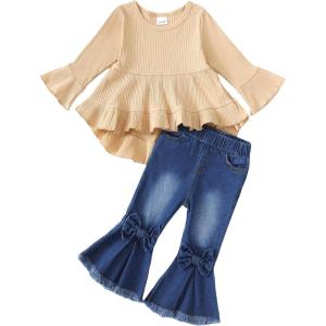 imageKucnuzki Toddler Baby Girls Clothes Long Sleeve Shirt Top Flare Denim Jeans Cute Outfit Baby Girl Fall Winter ClothesApricot Jeans