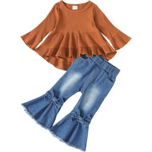 imageKucnuzki Toddler Baby Girls Clothes Long Sleeve Shirt Top Flare Denim Jeans Cute Outfit Baby Girl Fall Winter ClothesBrown Jeans