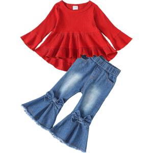 imageKucnuzki Toddler Baby Girls Clothes Long Sleeve Shirt Top Flare Denim Jeans Cute Outfit Baby Girl Fall Winter ClothesMaroon Jeans