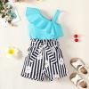imageKucnuzki Toddler Baby Girl Clothes Summer Outfits Ruffle Sleeveless Linen Shirt Kid Short Set for GirlBlue Striped