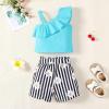imageKucnuzki Toddler Baby Girl Clothes Summer Outfits Ruffle Sleeveless Linen Shirt Kid Short Set for GirlBlue Striped