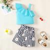 imageKucnuzki Toddler Baby Girl Clothes Summer Outfits Ruffle Sleeveless Linen Shirt Kid Short Set for GirlBlue Striped