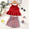imageKucnuzki Toddler Baby Girl Clothes Summer Outfits Ruffle Sleeveless Linen Shirt Kid Short Set for GirlDark Red