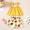 imageKucnuzki Toddler Baby Girl Clothes Summer Outfits Ruffle Sleeveless Linen Shirt Kid Short Set for GirlFloral Yellow