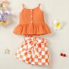 imageKucnuzki Toddler Baby Girl Clothes Summer Outfits Ruffle Sleeveless Linen Shirt Kid Short Set for GirlOrange Checker