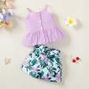imageKucnuzki Toddler Baby Girl Clothes Summer Outfits Ruffle Sleeveless Linen Shirt Kid Short Set for GirlPurple Flowers