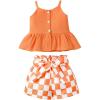 imageKucnuzki Toddler Baby Girl Clothes Summer Outfits Ruffle Sleeveless Linen Shirt Kid Short Set for GirlOrange Checker