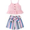 imageKucnuzki Toddler Baby Girl Clothes Summer Outfits Ruffle Sleeveless Linen Shirt Kid Short Set for GirlPink Stripes