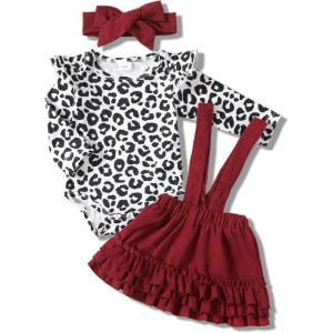 imageKucnuzki 1218 Month Girl Clothes Baby Girl Dresses Leopard Outfit Long Sleeve shirt Romper Maroon Dress Ruffle Overall Suspender Skirt Infant Clothes for Girls
