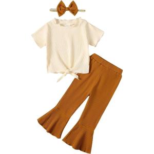 imageKucnuzki 2T3T Girls Clothes Toddler Girl Outfit Cute Stuff Short Sleeve Ruffle Tops Shirt Brown Pants Set for 23 Years Old Girl Soft Little Girl Outfit
