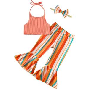 imageKucnuzki 2T3T Girls Clothes Toddler Girl Outfit Cute Stuff Sleeveless Orange Tank Tops Crop Halter Top Flare Pants for 23 Years Old Girl Soft Little Girl Outfit