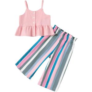 imageKucnuzki 2T3T Girls Clothes Toddler Girl Outfit Cute Stuff Sleeveless Pink Ruffle Tank Tops Shirt Striped Pants Set for 23 Years Old Girl Soft Little Girl Outfit