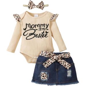 imageKucnuzki Baby Girl Clothes Newborn Baby Girl Outfit Long Sleeve Romper Jean Denim Skirt Set Infant Baby Clothe for GirlsApricot