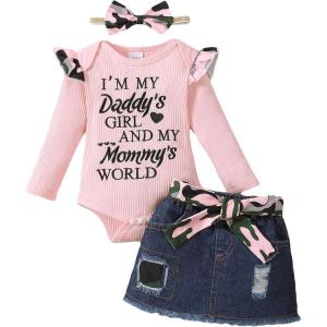 imageKucnuzki Baby Girl Clothes Newborn Baby Girl Outfit Long Sleeve Romper Jean Denim Skirt Set Infant Baby Clothe for GirlsPink