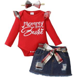 imageKucnuzki Baby Girl Clothes Newborn Baby Girl Outfit Long Sleeve Romper Jean Denim Skirt Set Infant Baby Clothe for GirlsRed