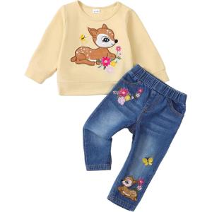 imageKucnuzki Toddler Baby Girl Clothes Long Sleeve Hoodie Crewneck Sweatshirt Denim Jeans Pants Fall Winter Baby Girl OutfitApricot