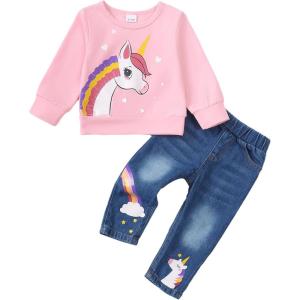 imageKucnuzki Toddler Baby Girl Clothes Long Sleeve Hoodie Crewneck Sweatshirt Denim Jeans Pants Fall Winter Baby Girl OutfitPink