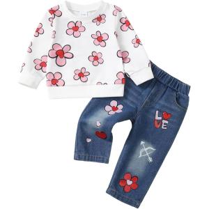 imageKucnuzki Toddler Baby Girl Clothes Long Sleeve Hoodie Crewneck Sweatshirt Denim Jeans Pants Fall Winter Baby Girl OutfitPink Flower