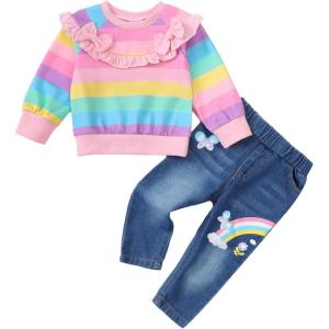 imageKucnuzki Toddler Baby Girl Clothes Long Sleeve Hoodie Crewneck Sweatshirt Denim Jeans Pants Fall Winter Baby Girl OutfitRainbow
