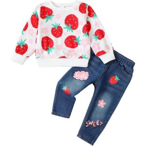imageKucnuzki Toddler Baby Girl Clothes Long Sleeve Hoodie Crewneck Sweatshirt Denim Jeans Pants Fall Winter Baby Girl OutfitStrawberry