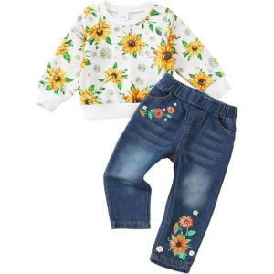 imageKucnuzki Toddler Baby Girl Clothes Long Sleeve Hoodie Crewneck Sweatshirt Denim Jeans Pants Fall Winter Baby Girl OutfitSunflower