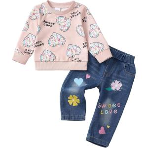 imageKucnuzki Toddler Baby Girl Clothes Long Sleeve Hoodie Crewneck Sweatshirt Denim Jeans Pants Fall Winter Baby Girl OutfitSweet Love