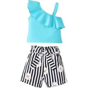 imageKucnuzki Toddler Baby Girl Clothes Summer Outfits Ruffle Sleeveless Linen Shirt Kid Short Set for GirlBlue Striped