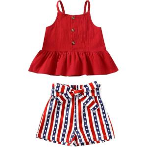 imageKucnuzki Toddler Baby Girl Clothes Summer Outfits Ruffle Sleeveless Linen Shirt Kid Short Set for GirlDark Red