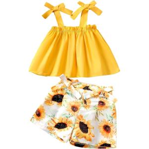imageKucnuzki Toddler Baby Girl Clothes Summer Outfits Ruffle Sleeveless Linen Shirt Kid Short Set for GirlFloral Yellow