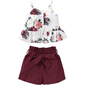 imageKucnuzki Toddler Baby Girl Clothes Summer Outfits Ruffle Sleeveless Linen Shirt Kid Short Set for GirlMaroon